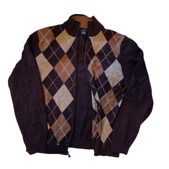 Brooks Brothers Argyle Cardigan Sweater 100% Lambswool Size XL Brown, zip front - Picture 3 of 9